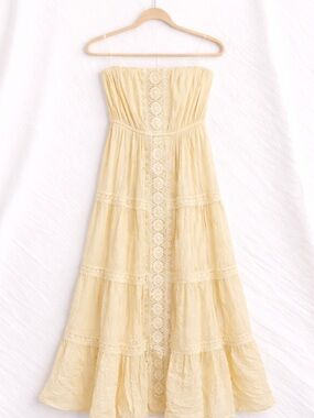 Strapless Yellow Lace Tiered Maxi Dress Boho Summer